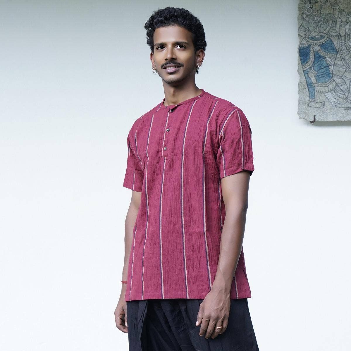 Crinkled Cotton Yarn Dyed Collarless Kurta- Maroon