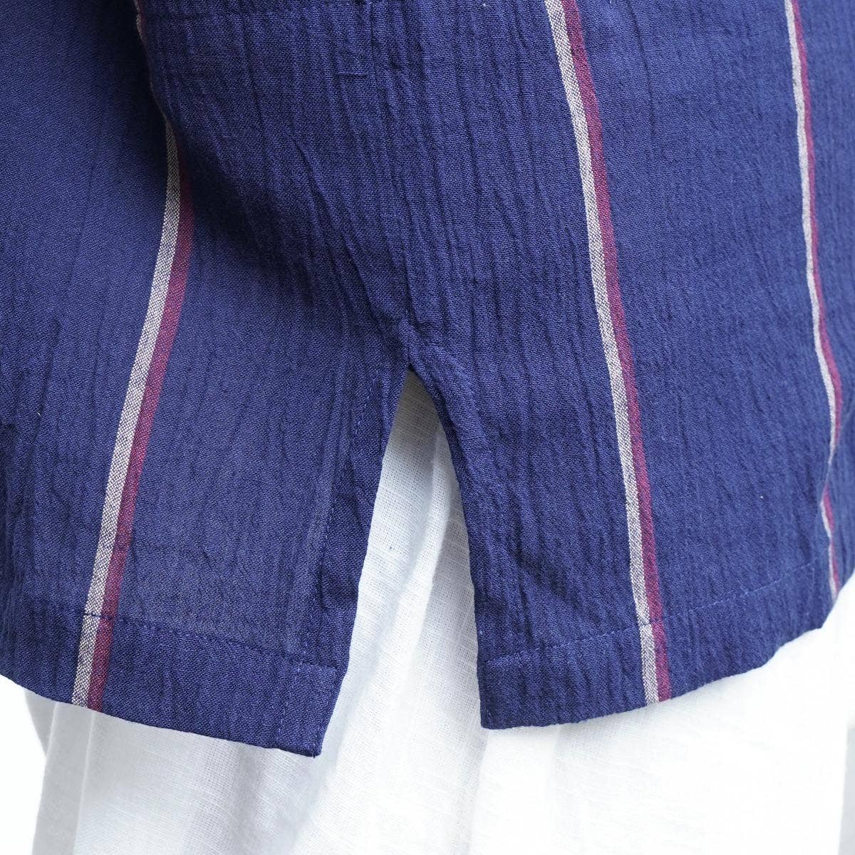 Crinkled Cotton Yarn Dyed Collarless Kurta - Navy Blue