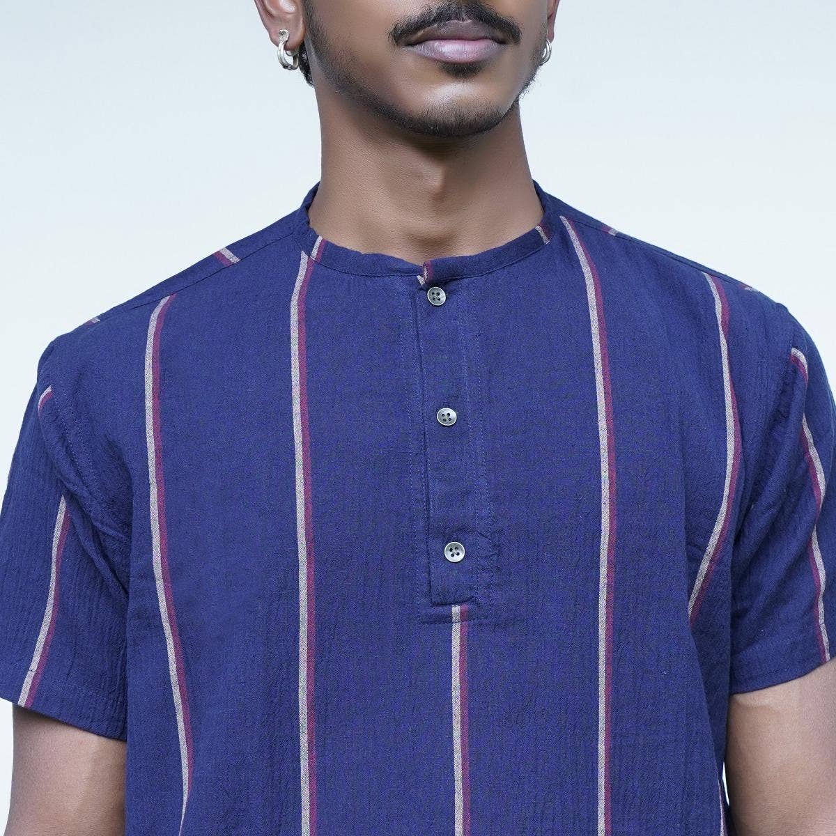 Crinkled Cotton Yarn Dyed Collarless Kurta - Navy Blue