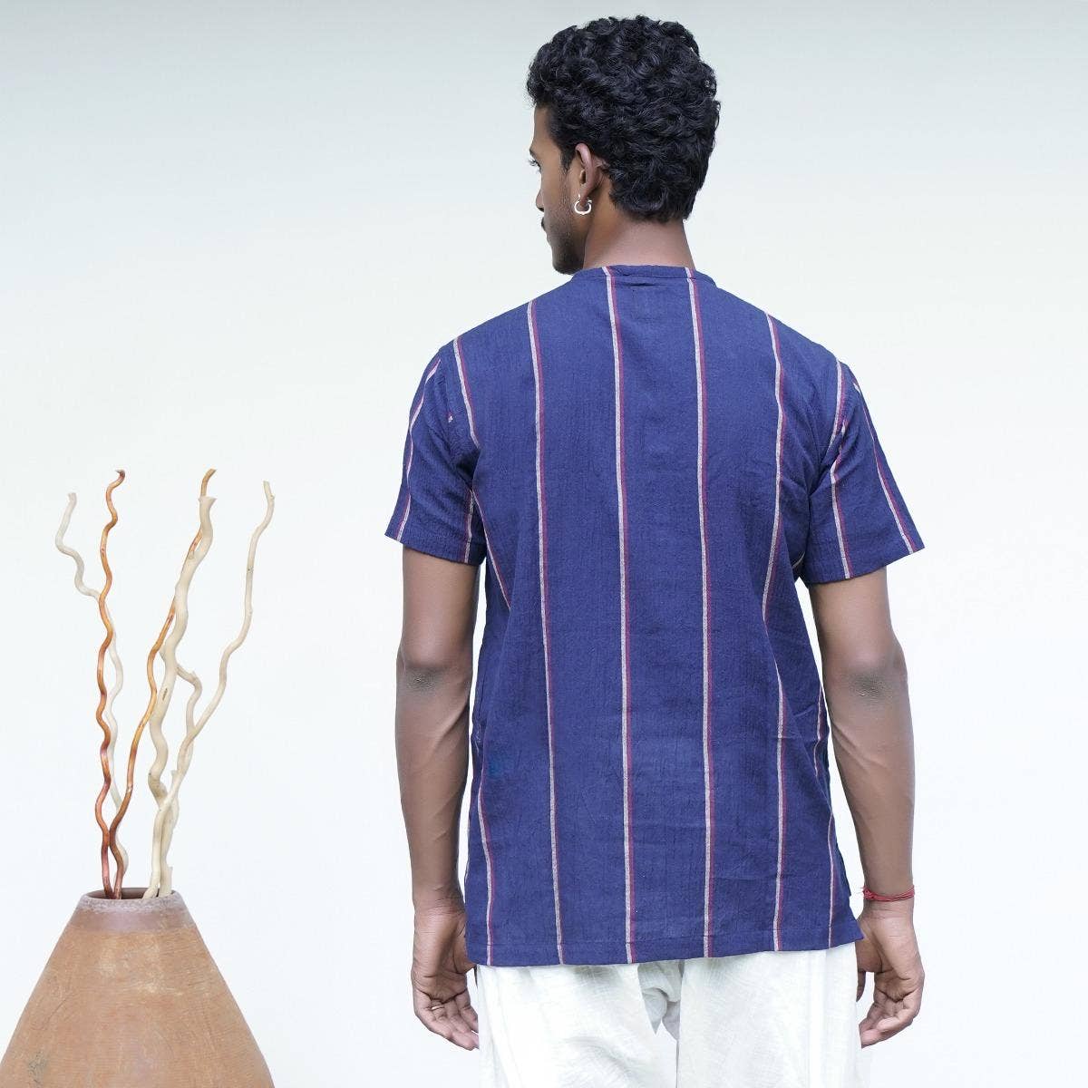 Crinkled Cotton Yarn Dyed Collarless Kurta - Navy Blue