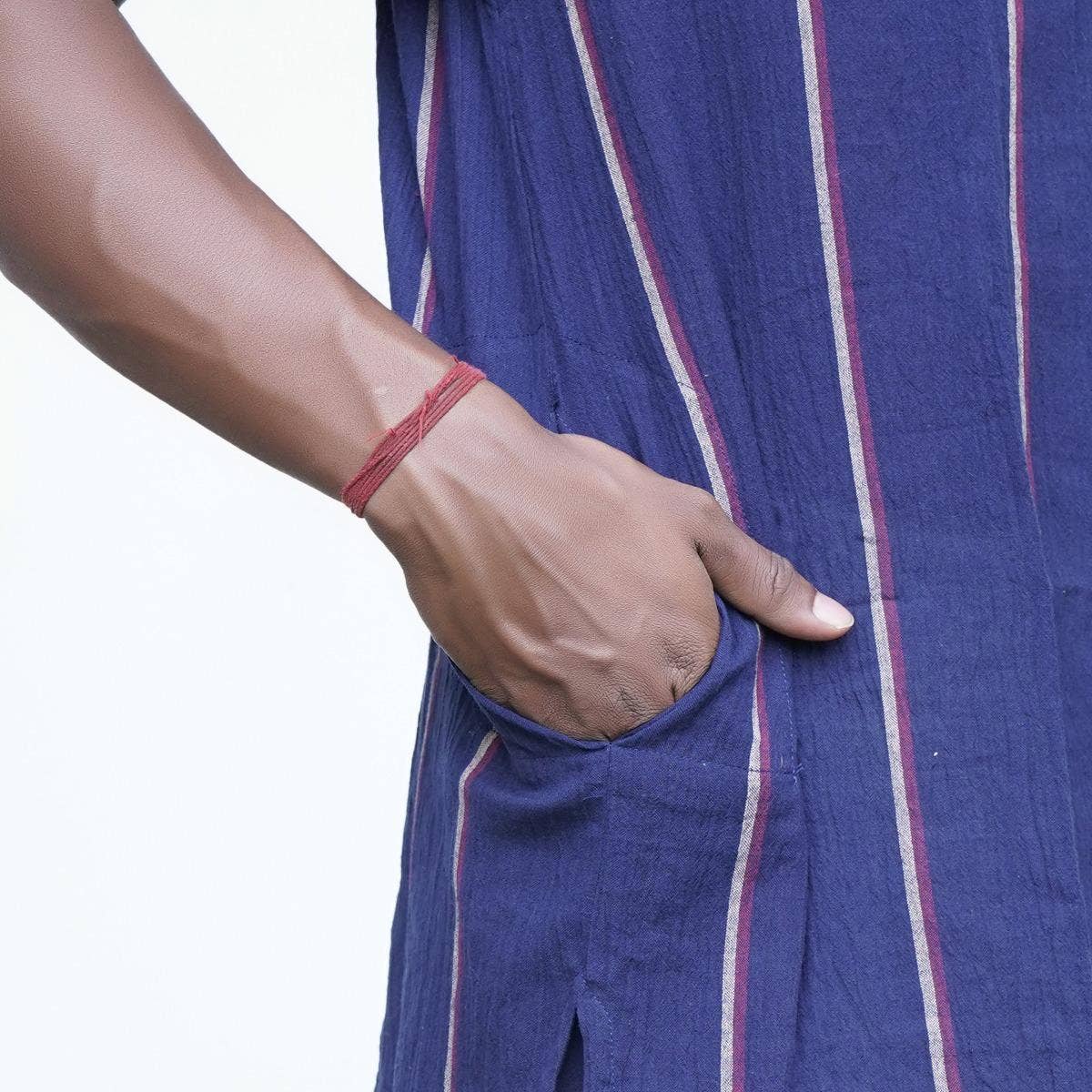 Crinkled Cotton Yarn Dyed Collarless Kurta - Navy Blue