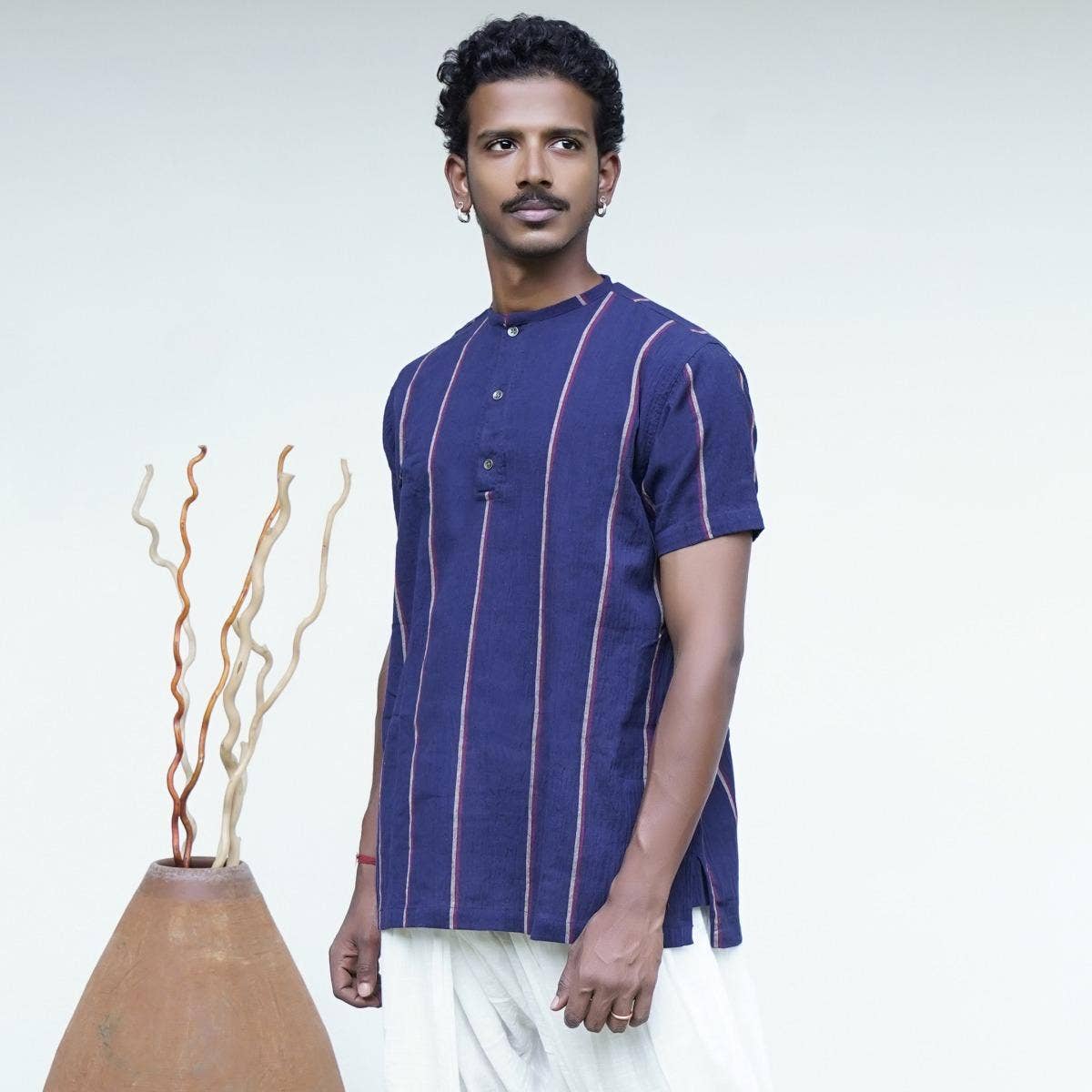Crinkled Cotton Yarn Dyed Collarless Kurta - Navy Blue