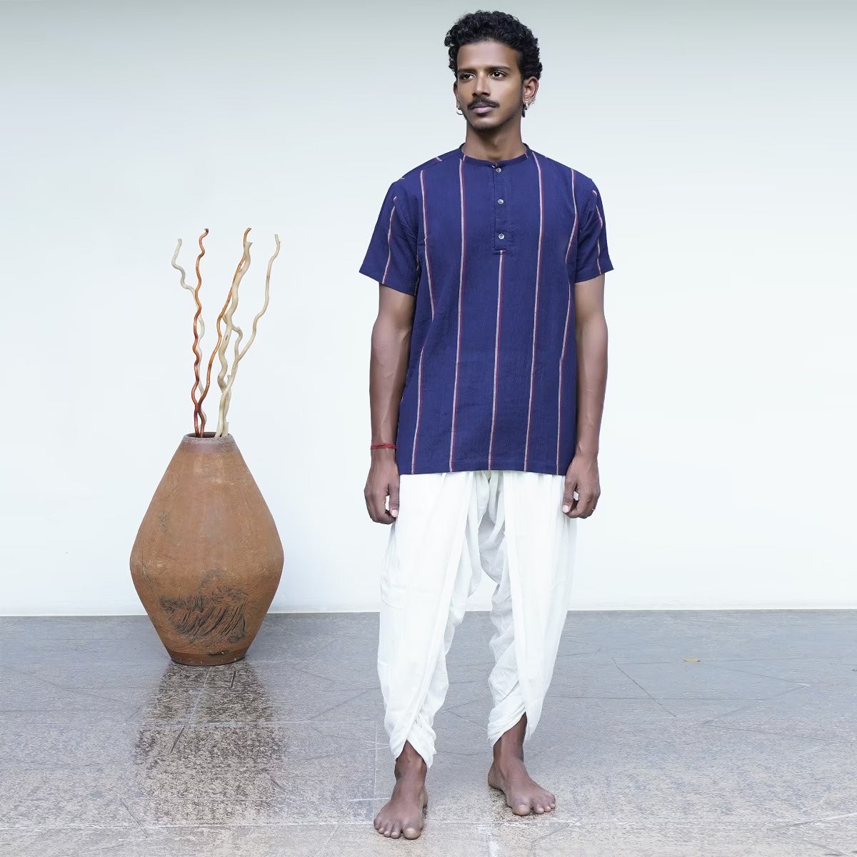 Crinkled Cotton Yarn Dyed Collarless Kurta - Navy Blue