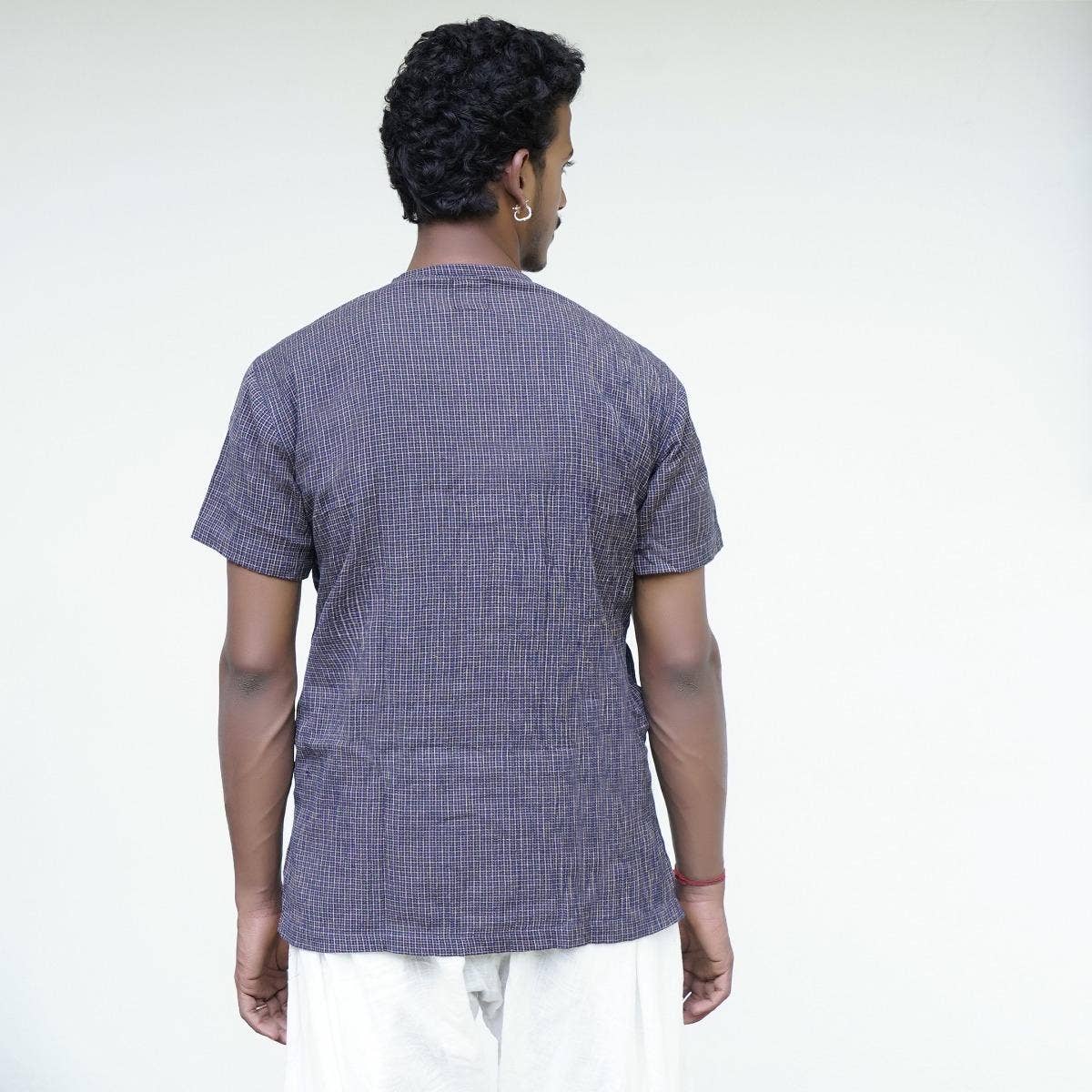 Crinkled Cotton Yarn Dyed Collarless Kurta - Deep Blue