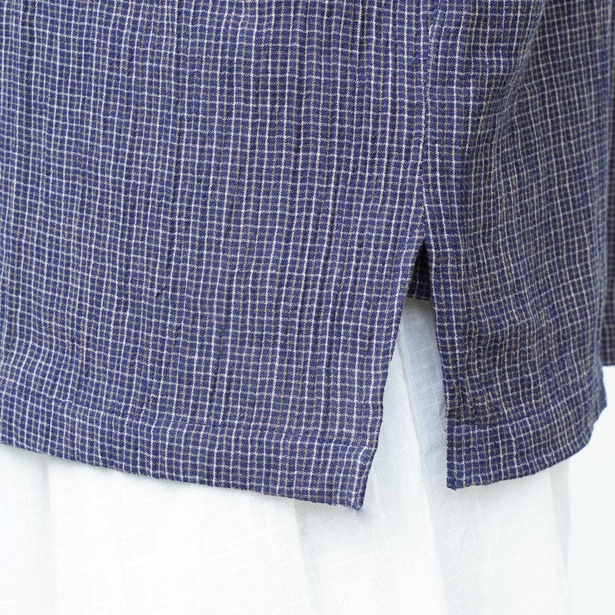 Crinkled Cotton Yarn Dyed Collarless Kurta - Deep Blue