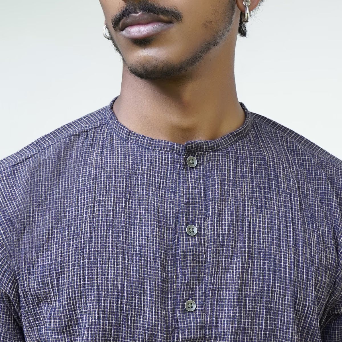Crinkled Cotton Yarn Dyed Collarless Kurta - Deep Blue