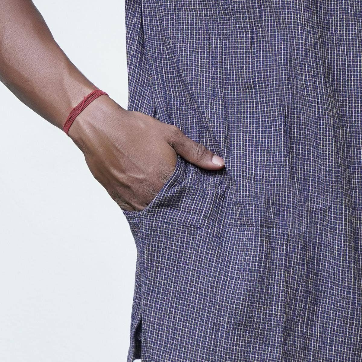 Crinkled Cotton Yarn Dyed Collarless Kurta - Deep Blue