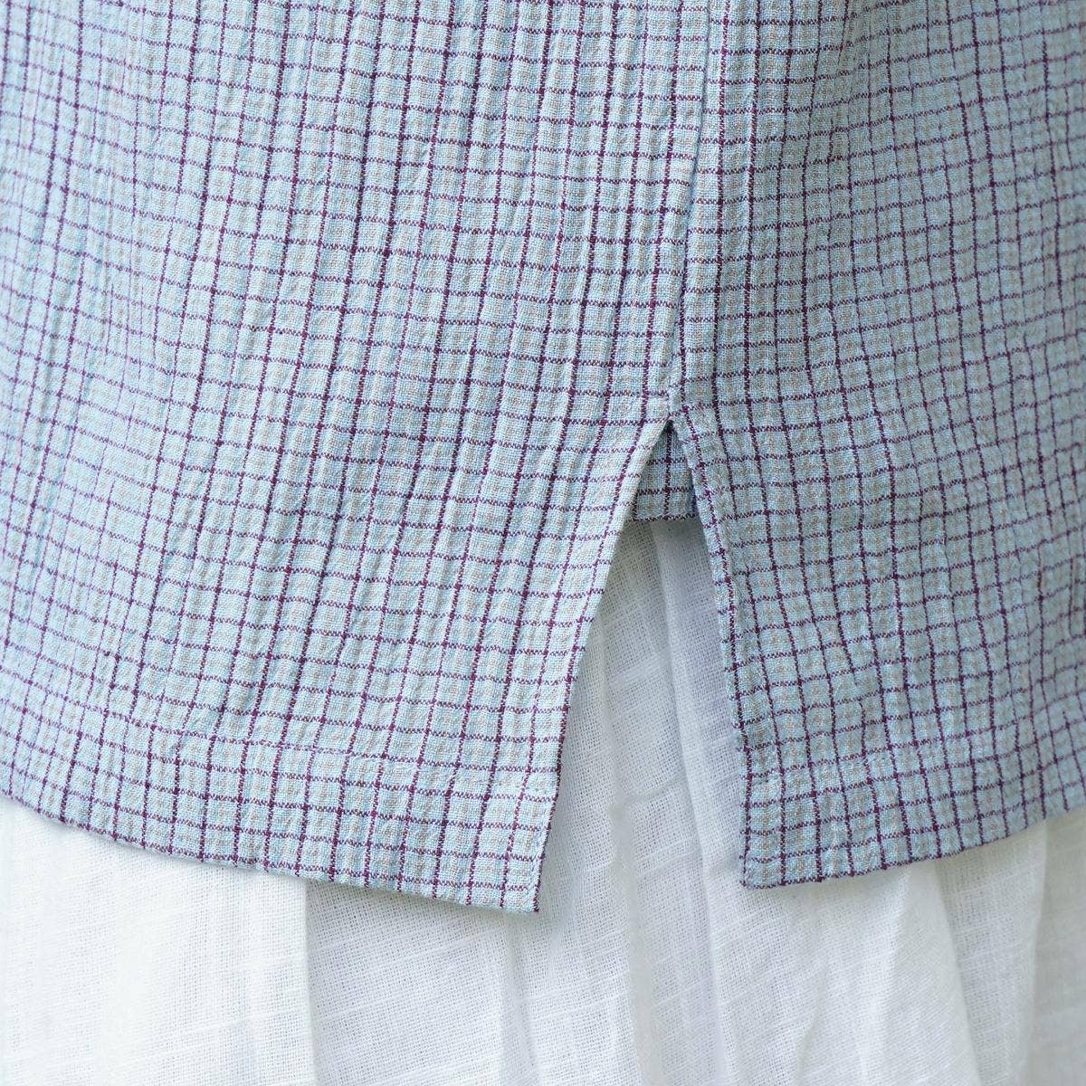 Crinkled Cotton Yarn Dyed Collarless Kurta - Sky