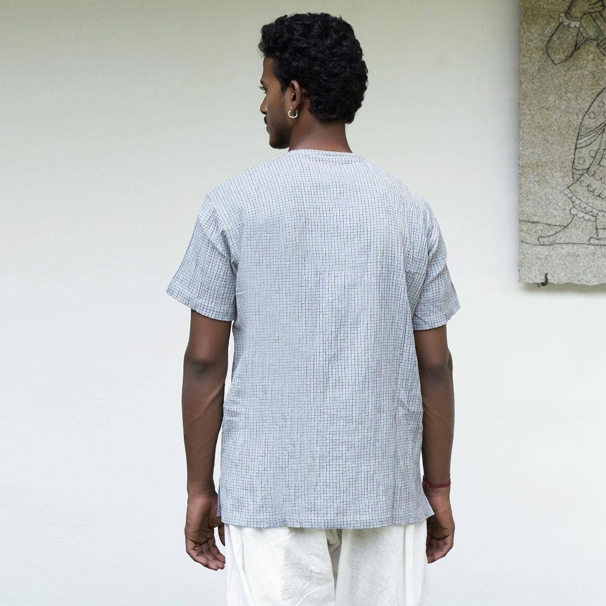 Crinkled Cotton Yarn Dyed Collarless Kurta - Sky