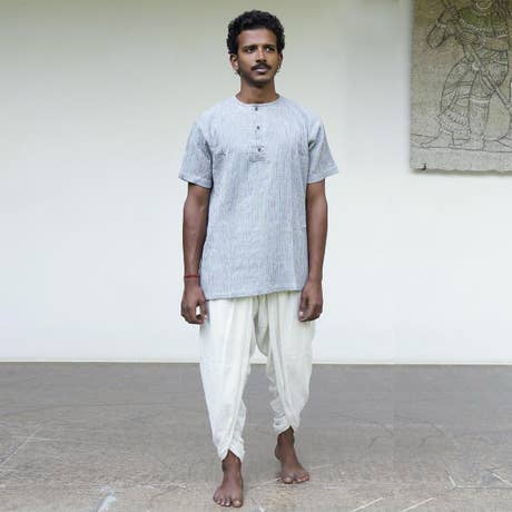 Crinkled Cotton Yarn Dyed Collarless Kurta - Sky