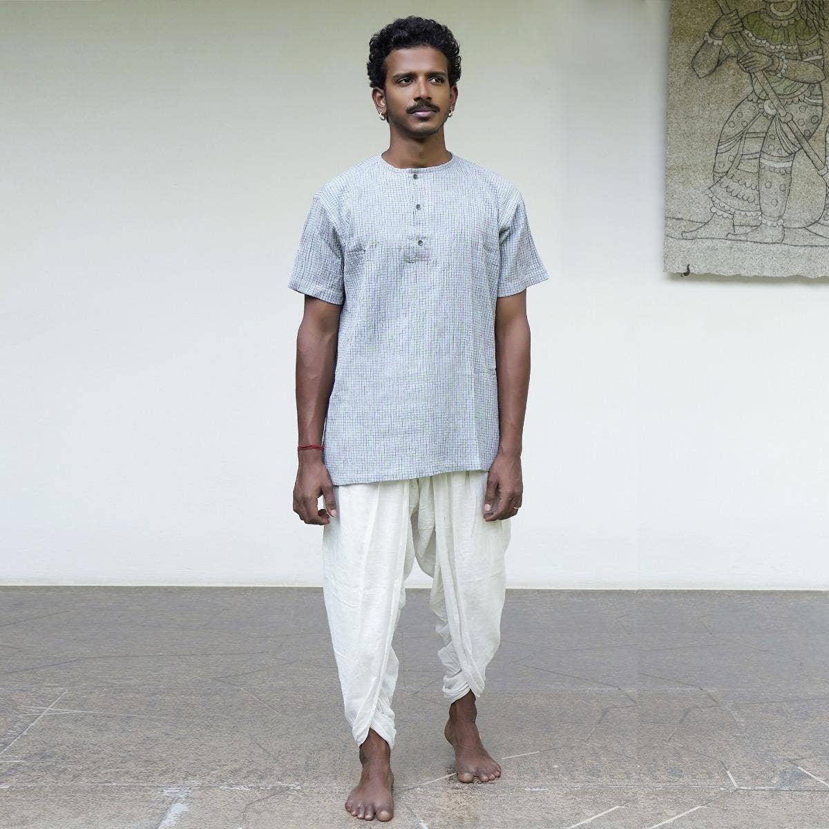 Crinkled Cotton Yarn Dyed Collarless Kurta - Sky