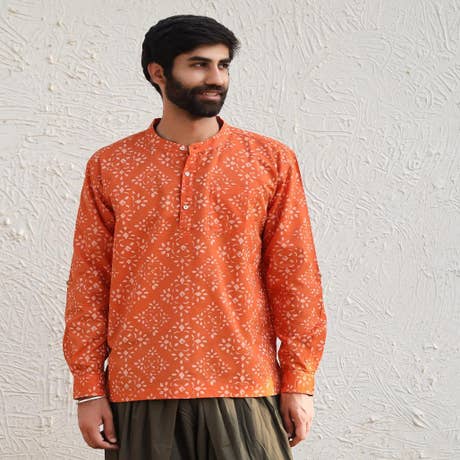 Men's Organic cotton Long Sleeve Printed Kurta - Rust 