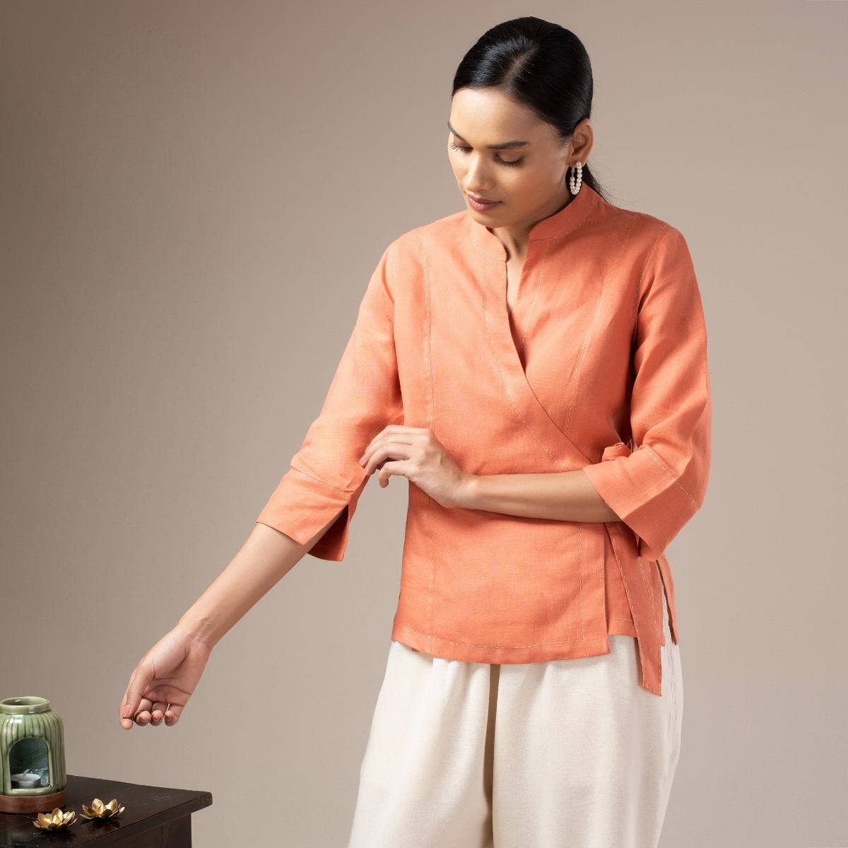 Piece Dyed Linen Wrap Top Coral