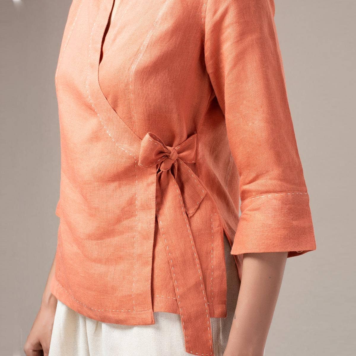 Piece Dyed Linen Wrap Top Coral