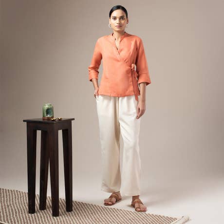 Piece Dyed Linen Wrap Top Coral