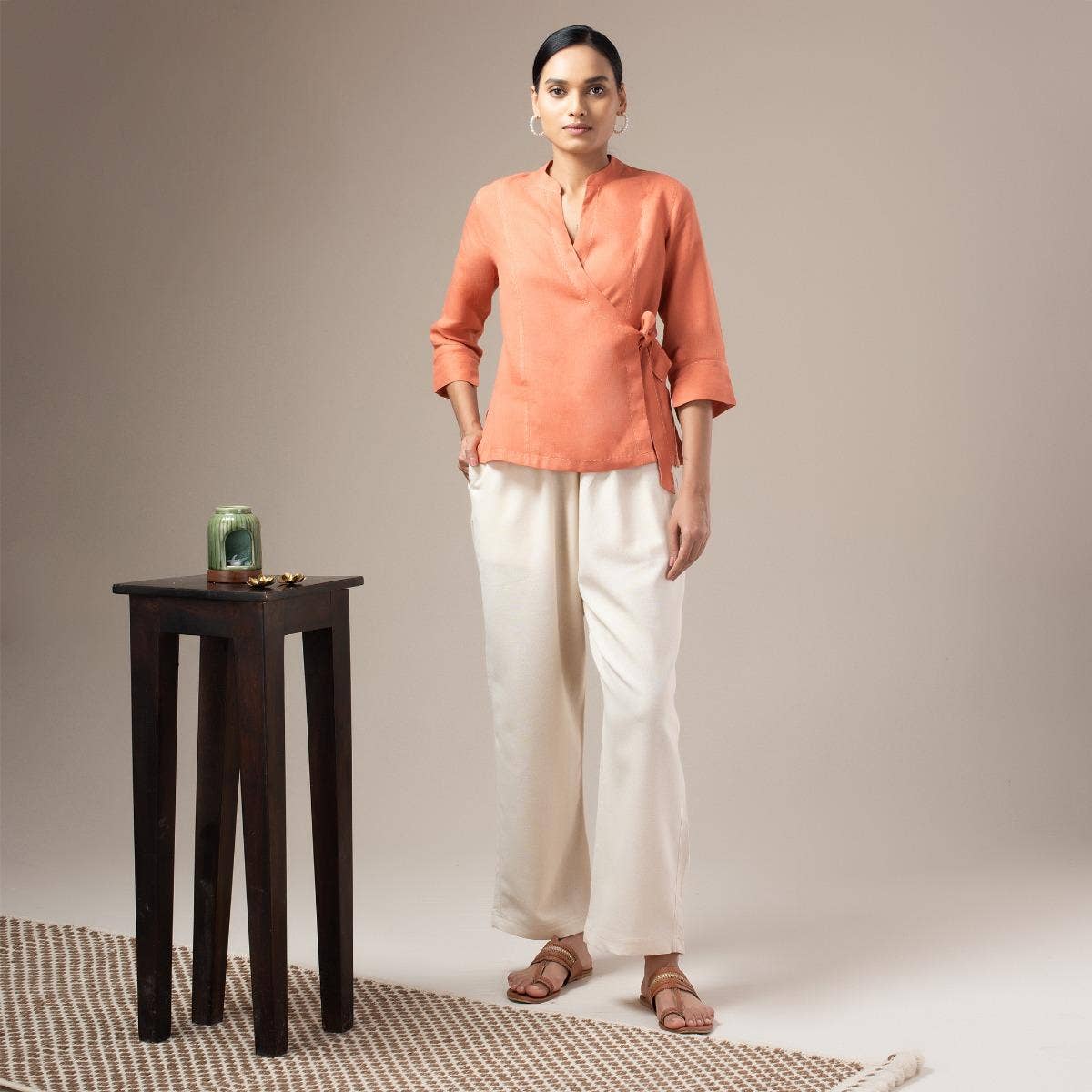 Piece Dyed Linen Wrap Top Coral