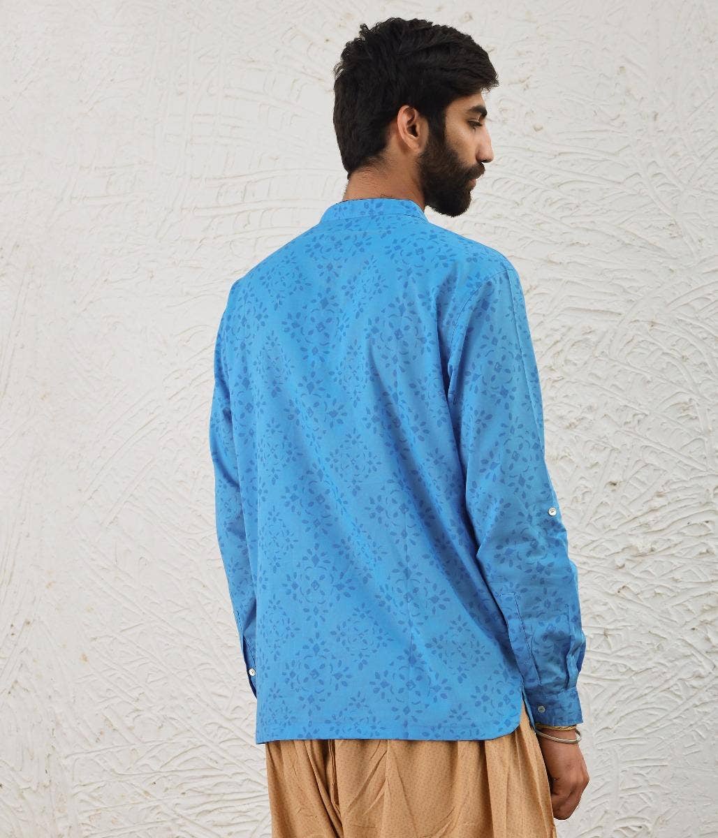 Men's Organic Long Sleeve Printed Kurta - Surf Blue 