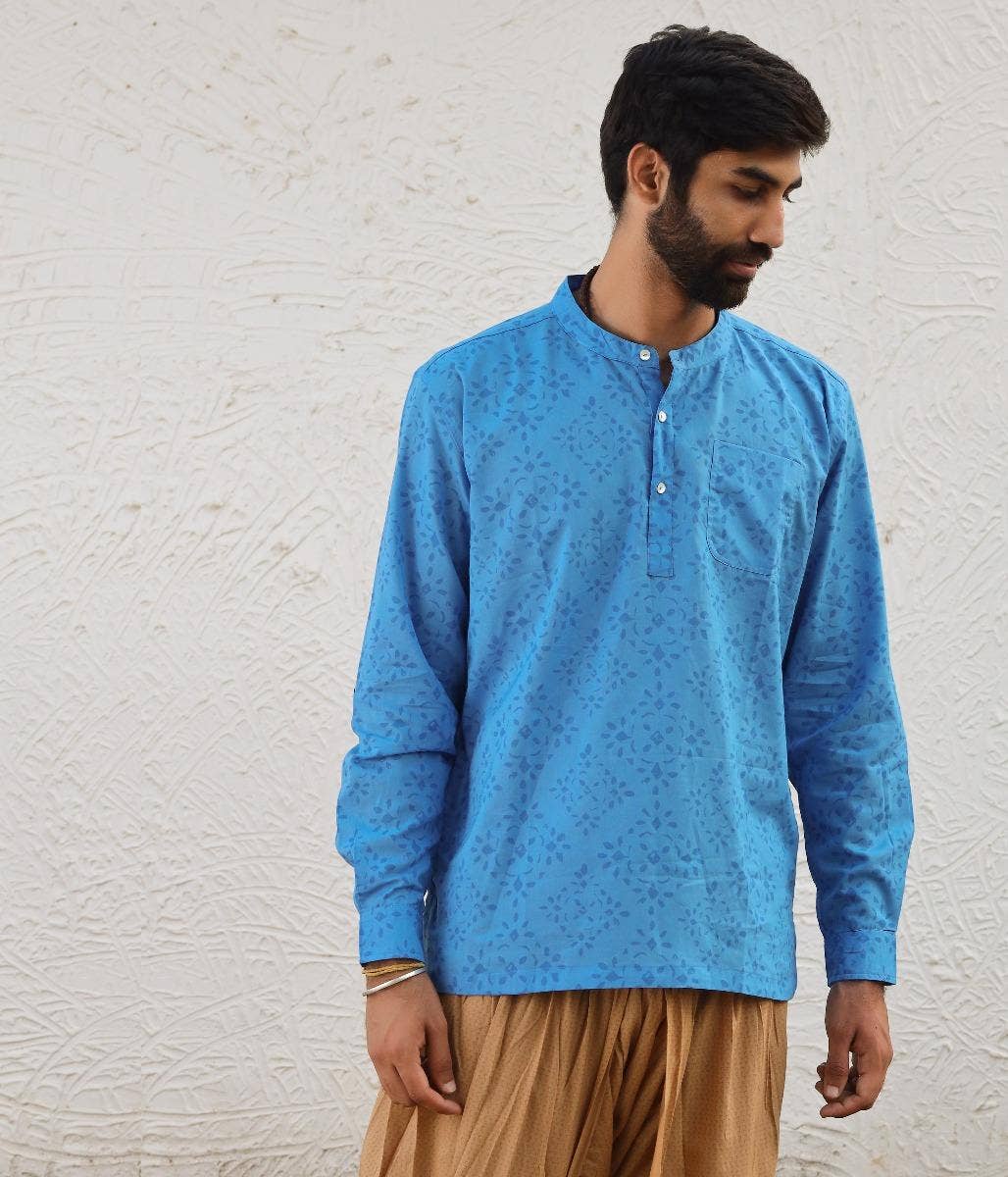 Men's Organic Long Sleeve Printed Kurta - Surf Blue 