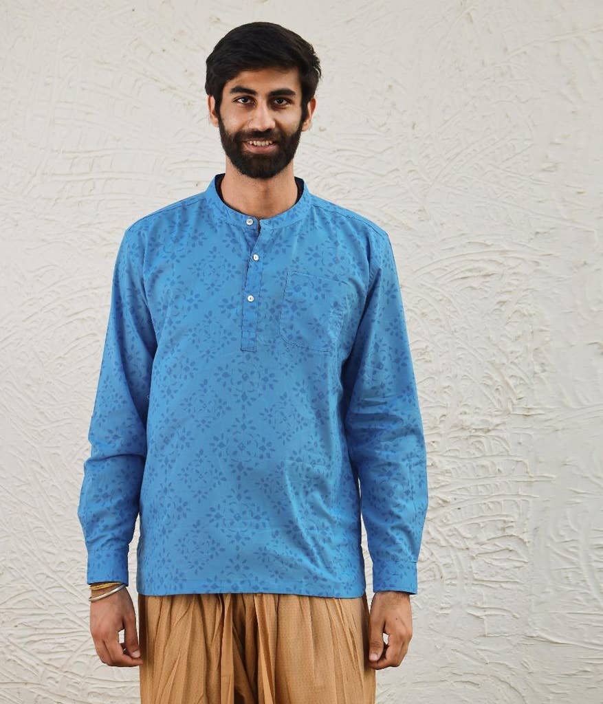 Men's Organic Long Sleeve Printed Kurta - Surf Blue 
