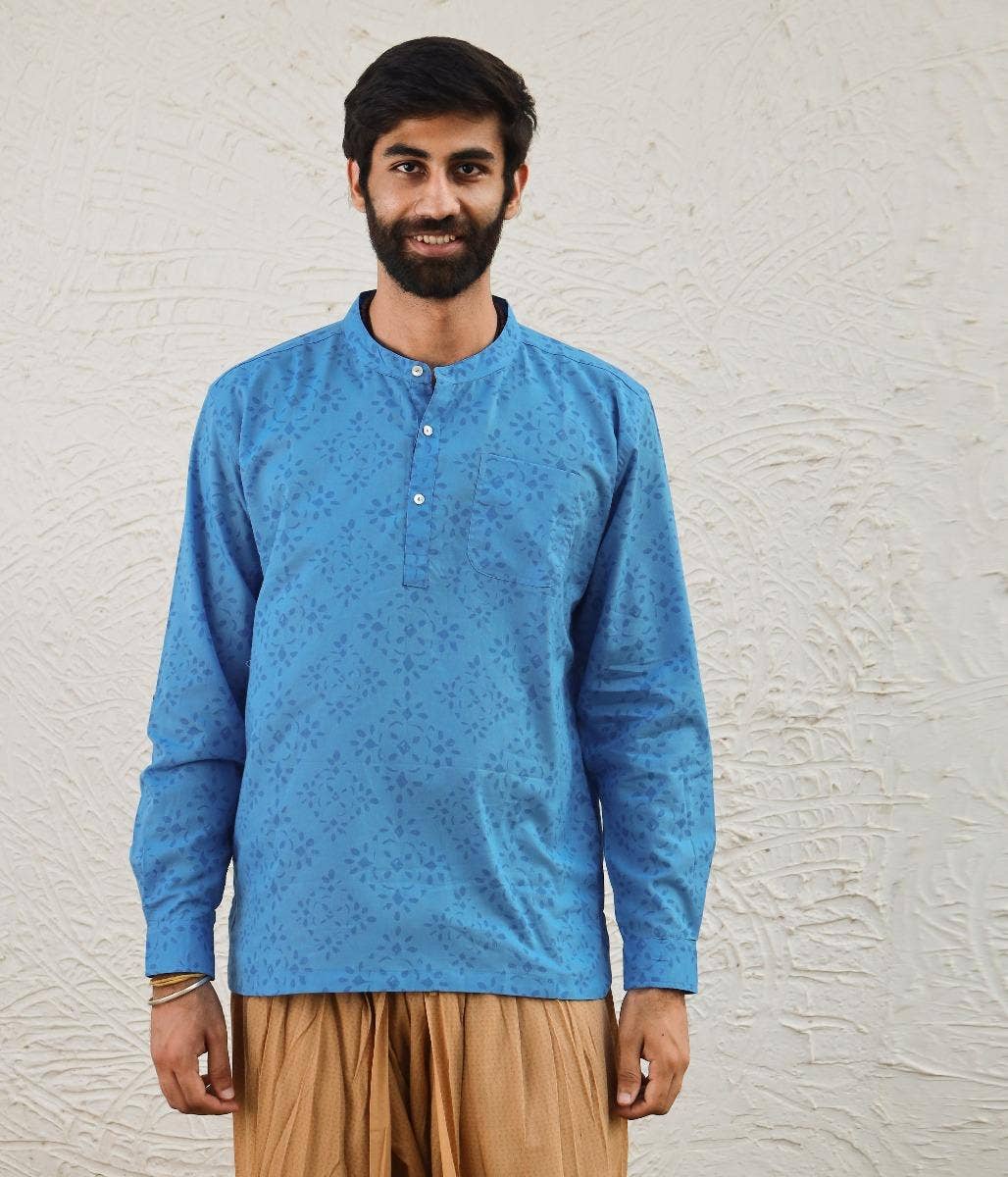Men's Organic Long Sleeve Printed Kurta - Surf Blue 