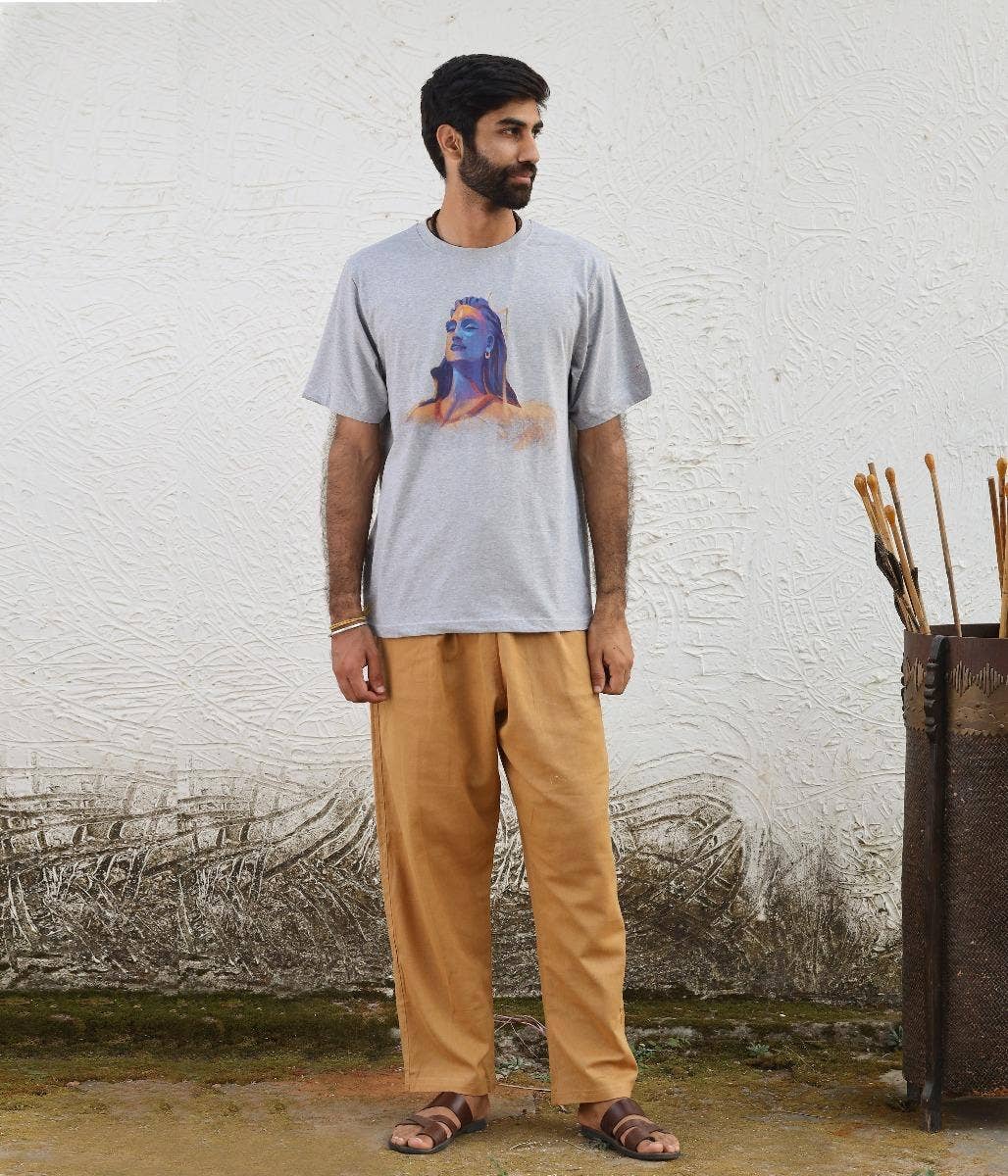 Unisex Adiyogi Vibrant Melange Cotton T Shirt - Light Grey