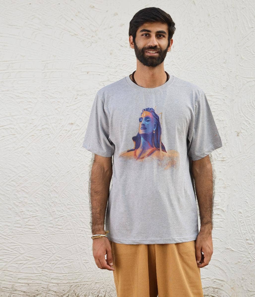 Unisex Adiyogi Vibrant Melange Cotton T Shirt - Light Grey