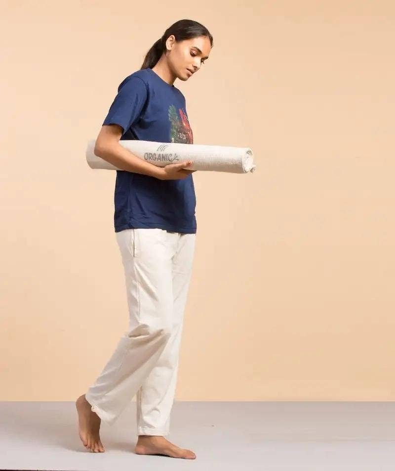 Handwoven organic cotton rug yoga mat.  Undyed. Eco-friendly. Washable. GOTS certified.